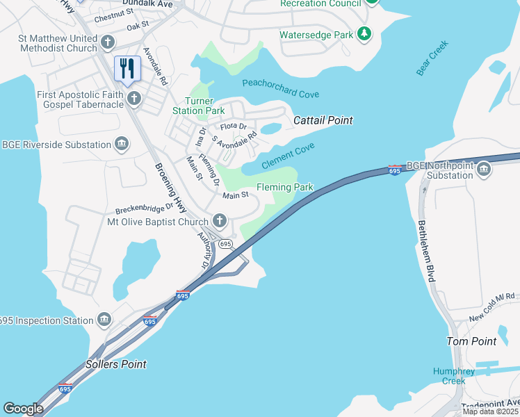 map of restaurants, bars, coffee shops, grocery stores, and more near 730 Main Street in Dundalk