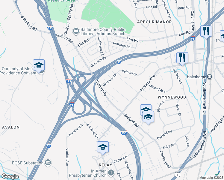 map of restaurants, bars, coffee shops, grocery stores, and more near 5604 Kallan Court in Halethorpe
