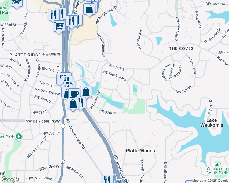 map of restaurants, bars, coffee shops, grocery stores, and more near 6301 Northwest 78th Street in Kansas City