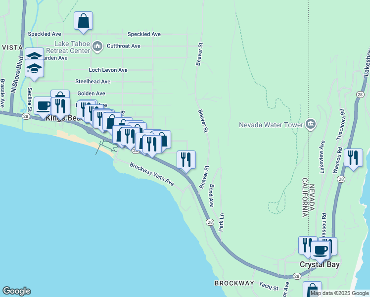 map of restaurants, bars, coffee shops, grocery stores, and more near 247 Chipmunk Street in Kings Beach