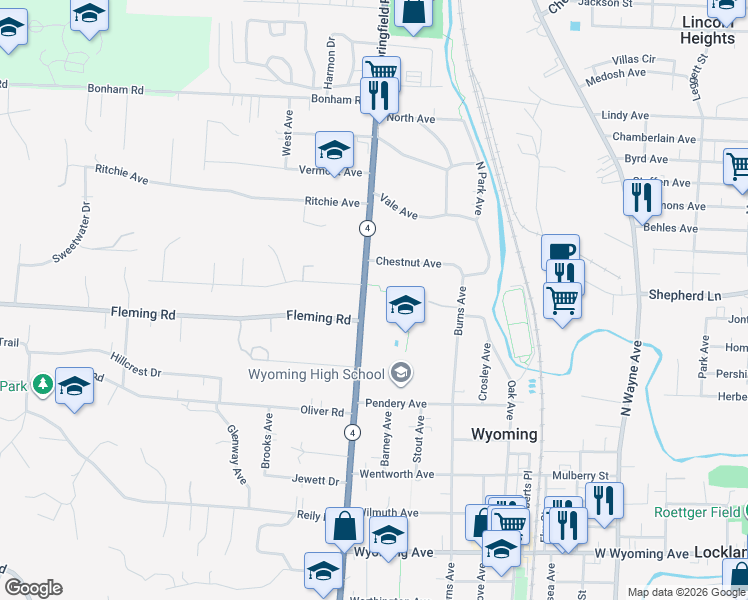 map of restaurants, bars, coffee shops, grocery stores, and more near 1114 Springfield Pike in Cincinnati