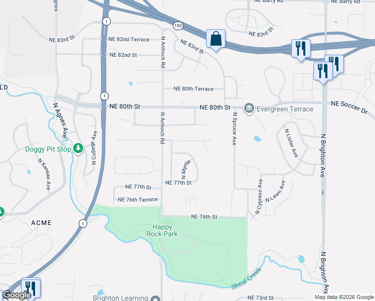 map of restaurants, bars, coffee shops, grocery stores, and more near 3906 Northeast 78th Street in Kansas City