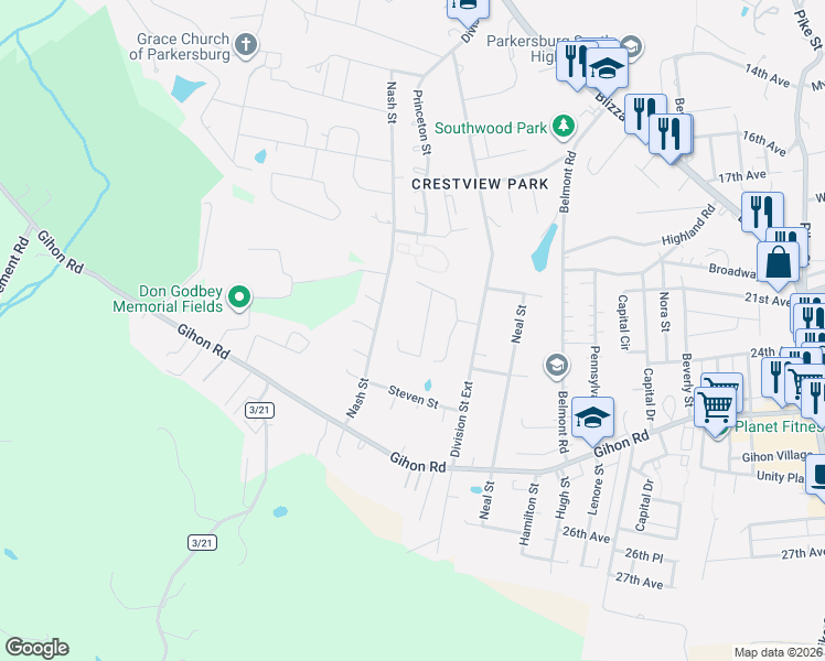 map of restaurants, bars, coffee shops, grocery stores, and more near 2500 Mount Vernon Circle in Parkersburg