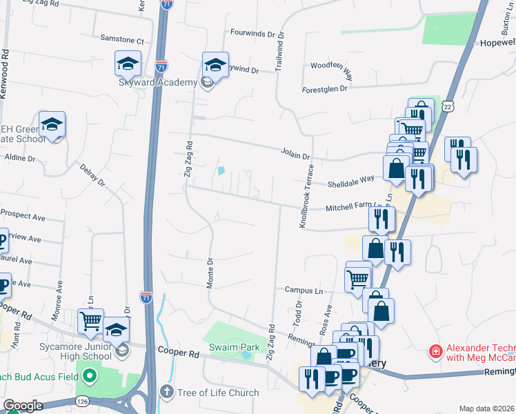 map of restaurants, bars, coffee shops, grocery stores, and more near 9859 Zig Zag Road in Cincinnati
