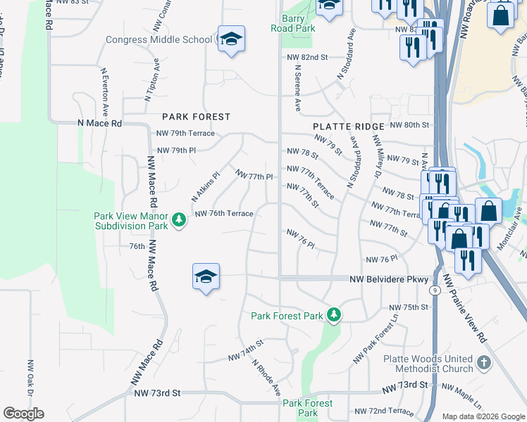 map of restaurants, bars, coffee shops, grocery stores, and more near 7640 Rhode in Kansas City