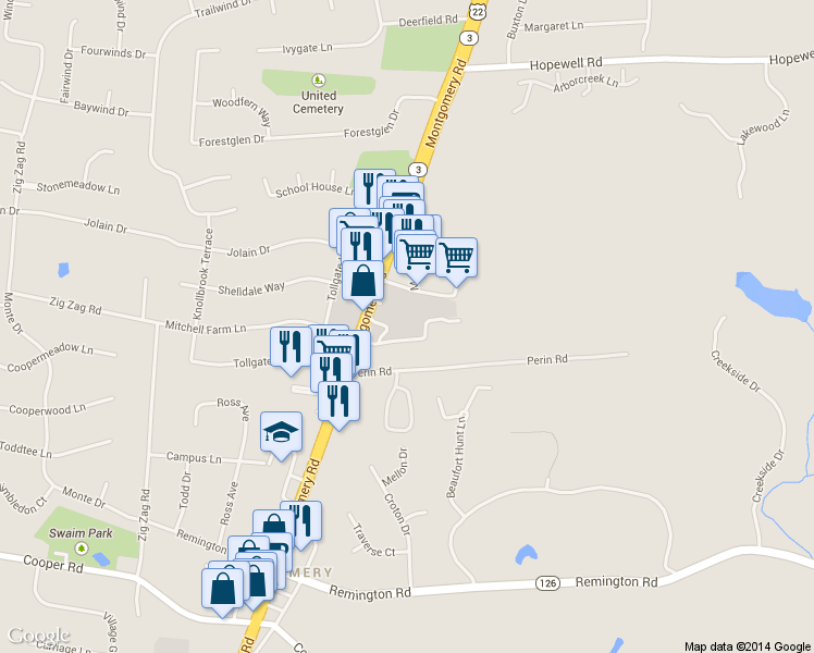 map of restaurants, bars, coffee shops, grocery stores, and more near 9876 Montgomery Road in Cincinnati