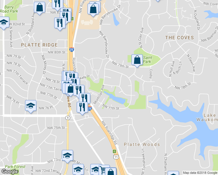 map of restaurants, bars, coffee shops, grocery stores, and more near 6313 Northwest 78th Street in Kansas City