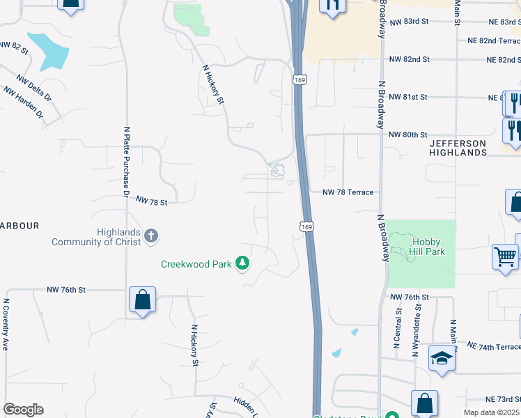 map of restaurants, bars, coffee shops, grocery stores, and more near 7753 North Mercier Street in Kansas City
