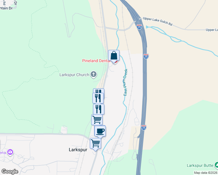 map of restaurants, bars, coffee shops, grocery stores, and more near 8670 South Spruce Mountain Road in Larkspur