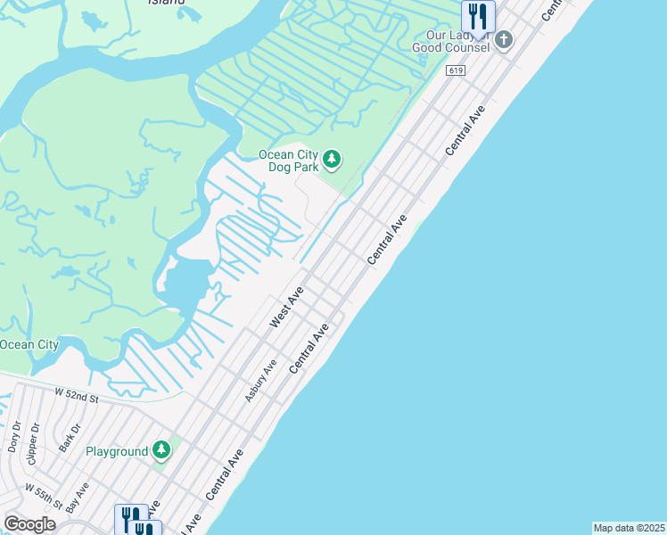 map of restaurants, bars, coffee shops, grocery stores, and more near 4653 West Avenue in Ocean City