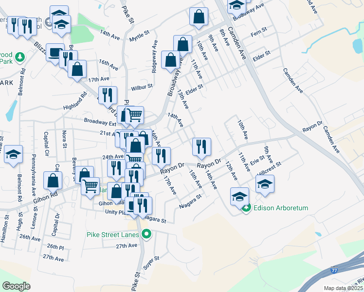 map of restaurants, bars, coffee shops, grocery stores, and more near 1501 Cale Street in Parkersburg