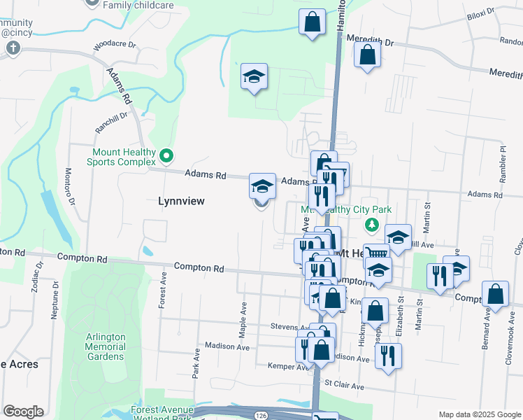 map of restaurants, bars, coffee shops, grocery stores, and more near 1743 Adams Road in Cincinnati