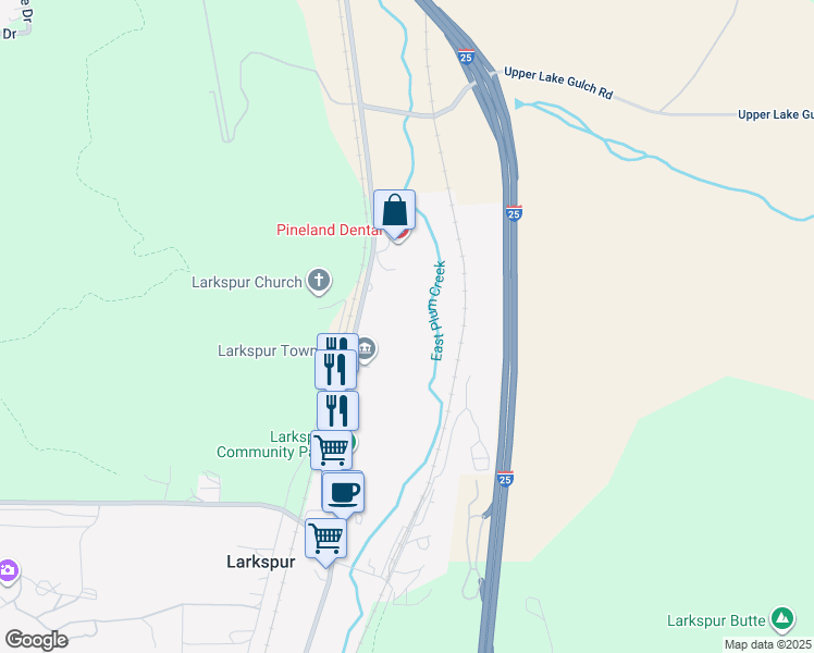 map of restaurants, bars, coffee shops, grocery stores, and more near 8670 South Spruce Mountain Road in Larkspur