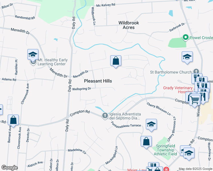 map of restaurants, bars, coffee shops, grocery stores, and more near 1064 Wellspring Drive in Cincinnati