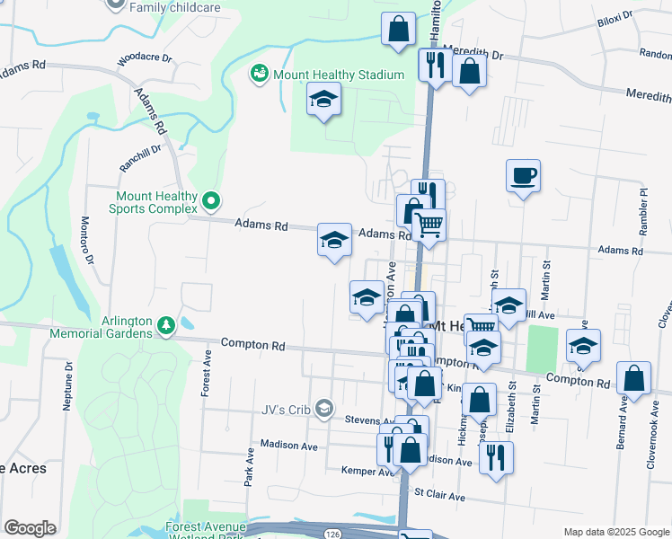 map of restaurants, bars, coffee shops, grocery stores, and more near 7900 Werner Avenue in Cincinnati