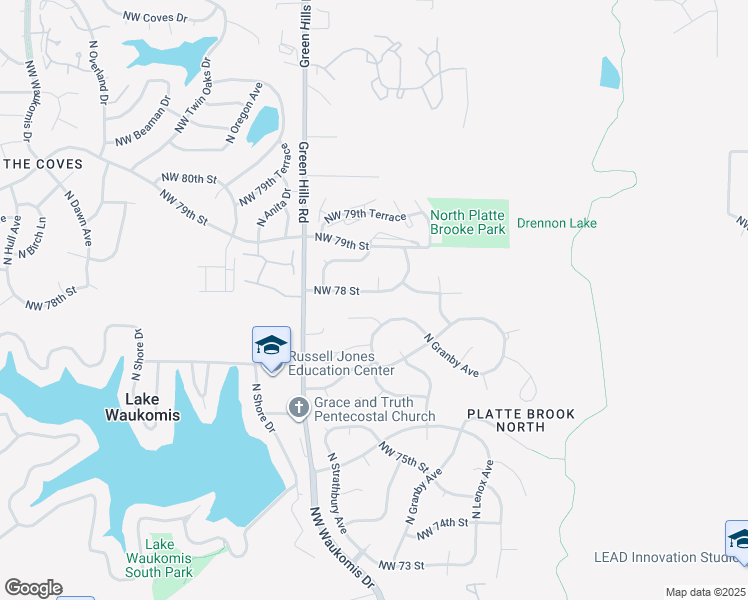 map of restaurants, bars, coffee shops, grocery stores, and more near 4115 Northwest 78th Street in Kansas City