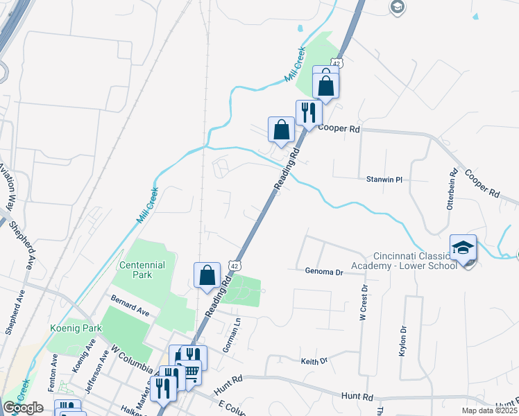 map of restaurants, bars, coffee shops, grocery stores, and more near 9483 Reading Road in Cincinnati