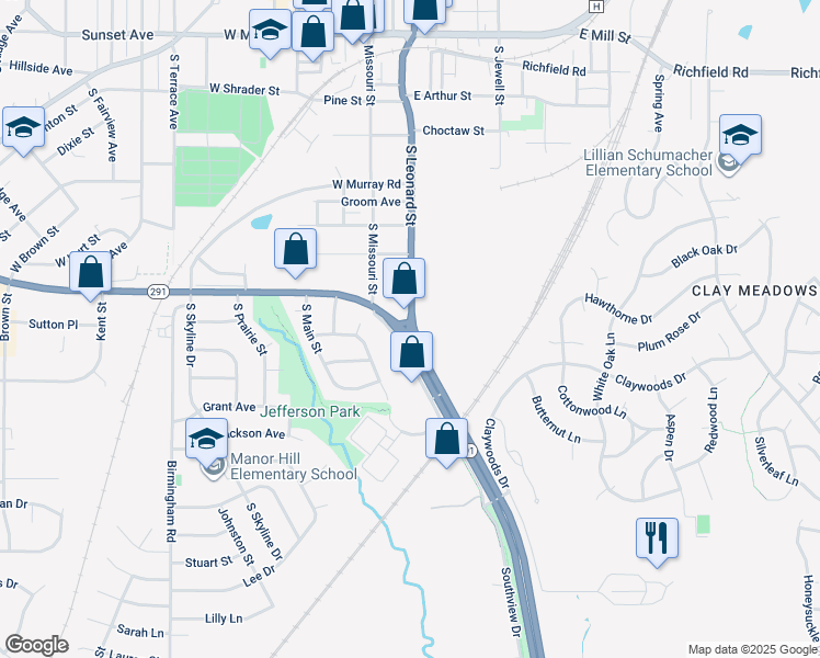 map of restaurants, bars, coffee shops, grocery stores, and more near 907 South Missouri Street in Liberty