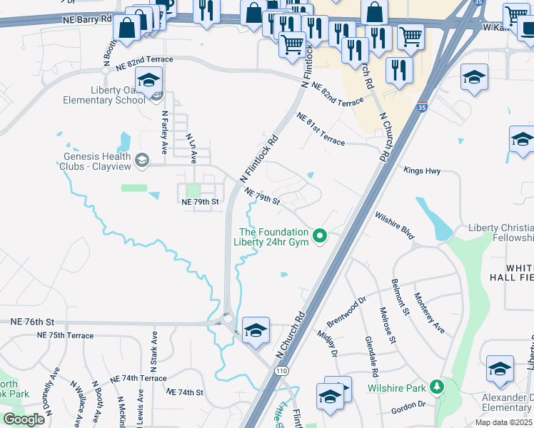 map of restaurants, bars, coffee shops, grocery stores, and more near 9315 Northeast 79th Street in Kansas City