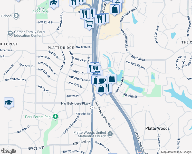 map of restaurants, bars, coffee shops, grocery stores, and more near in Kansas City