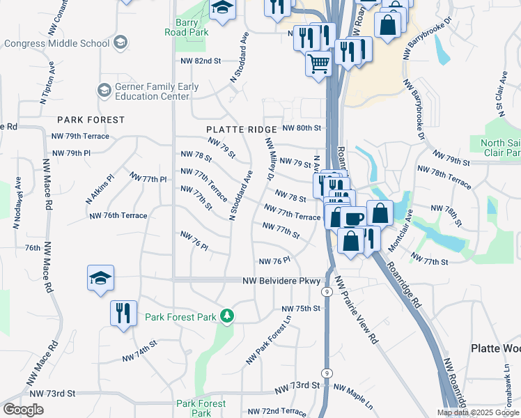 map of restaurants, bars, coffee shops, grocery stores, and more near 7708 Northwest Milrey Drive in Kansas City
