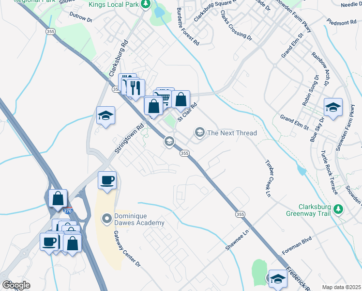 map of restaurants, bars, coffee shops, grocery stores, and more near 23121 Frederick Road in Clarksburg