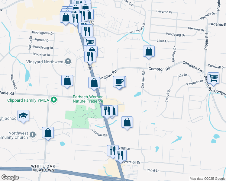 map of restaurants, bars, coffee shops, grocery stores, and more near 9040 Colerain Avenue in Cincinnati