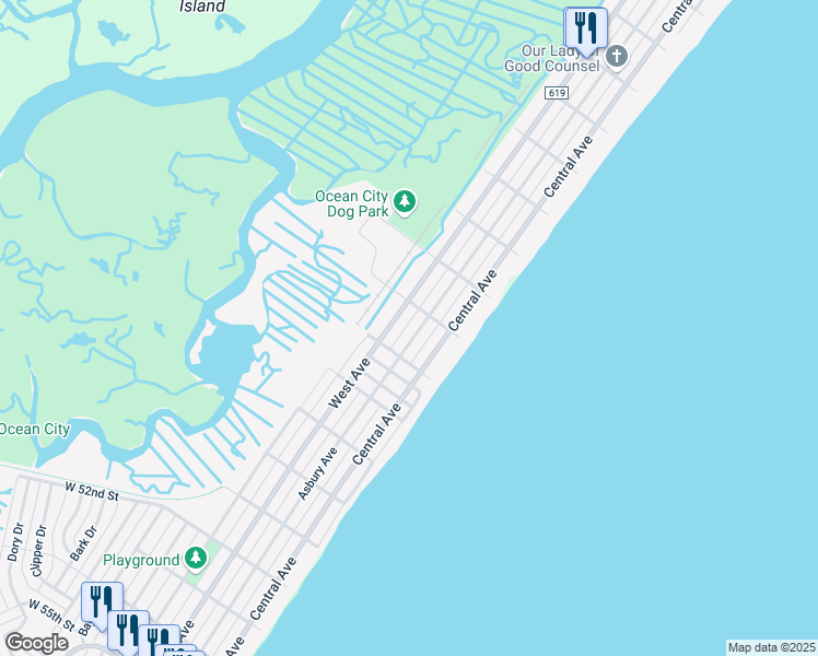 map of restaurants, bars, coffee shops, grocery stores, and more near 4653 West Avenue in Ocean City