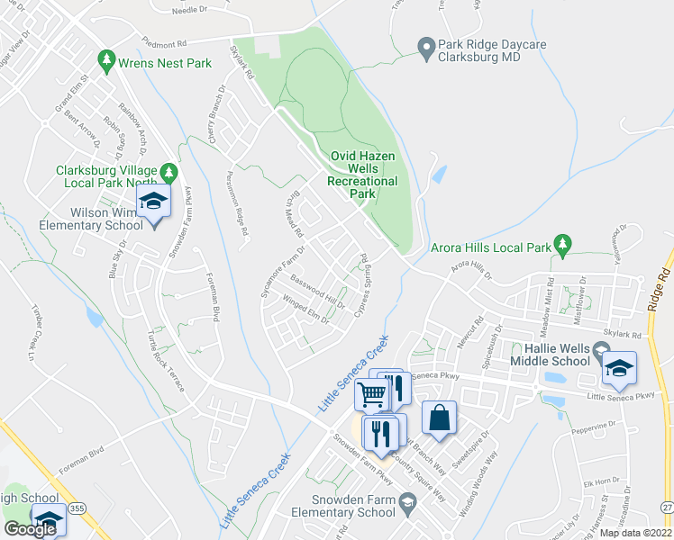 map of restaurants, bars, coffee shops, grocery stores, and more near 23029 Birch Mead Road in Clarksburg