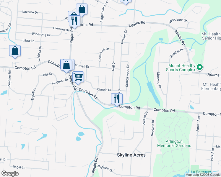 map of restaurants, bars, coffee shops, grocery stores, and more near 9098 Trinidad Drive in Cincinnati