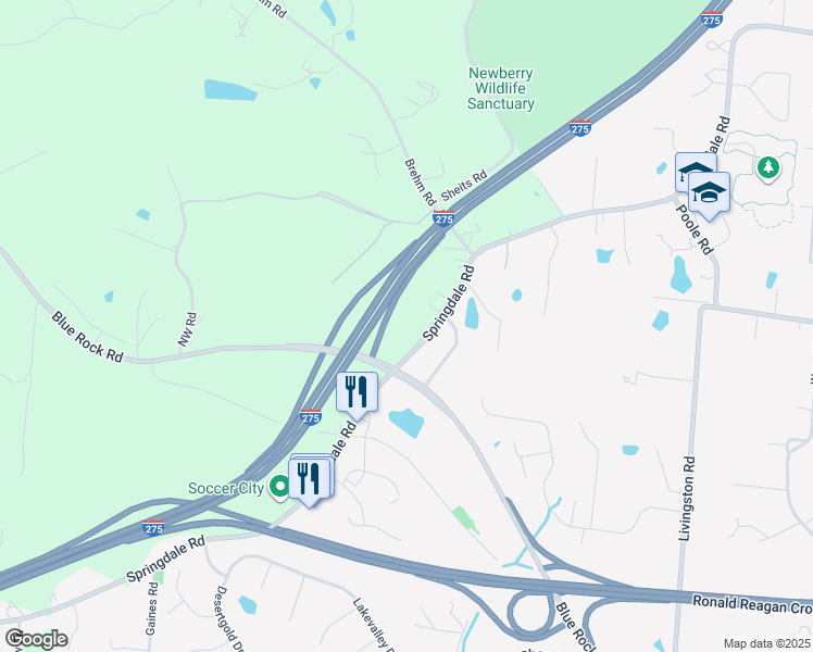 map of restaurants, bars, coffee shops, grocery stores, and more near 5568 Springdale Road in Cincinnati