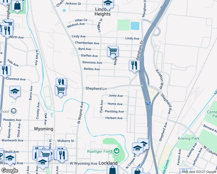 map of restaurants, bars, coffee shops, grocery stores, and more near 1134 Shepherd Lane in Cincinnati