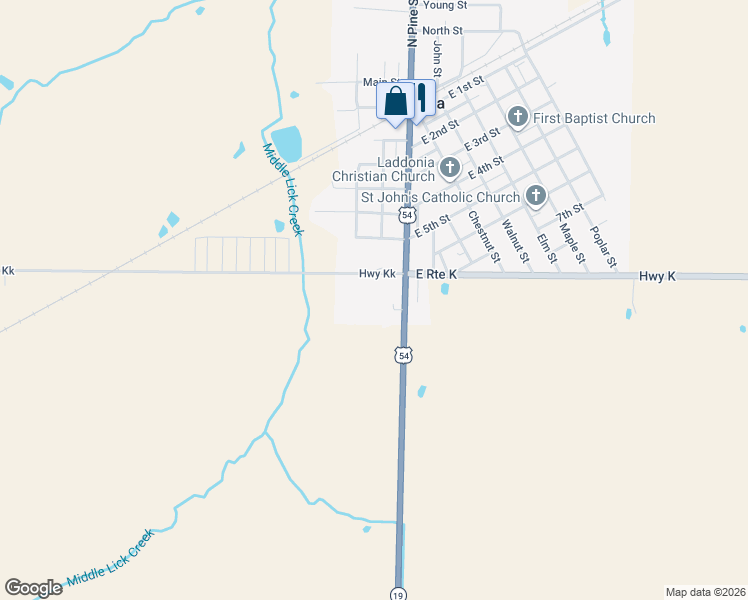 map of restaurants, bars, coffee shops, grocery stores, and more near 700 South Pine Street in Laddonia