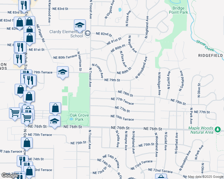 map of restaurants, bars, coffee shops, grocery stores, and more near 1401 Northeast 78th Street in Kansas City