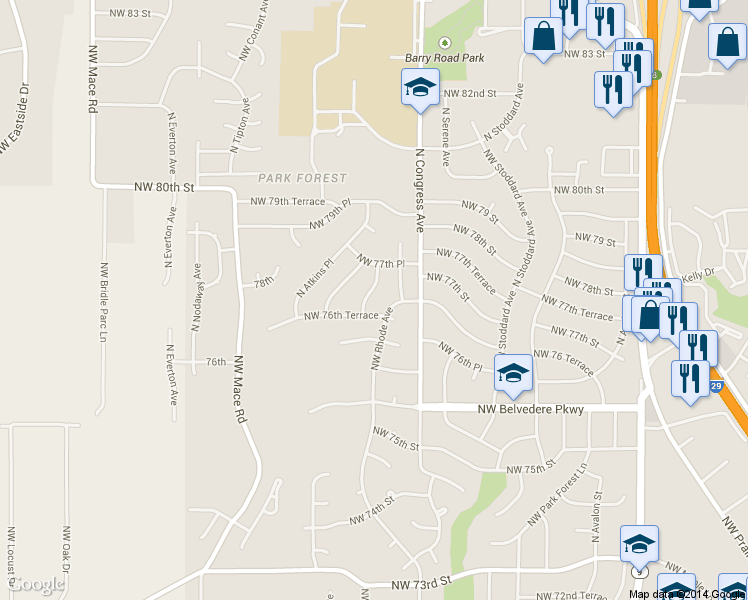 map of restaurants, bars, coffee shops, grocery stores, and more near 7638 North Pomona Avenue in Kansas City
