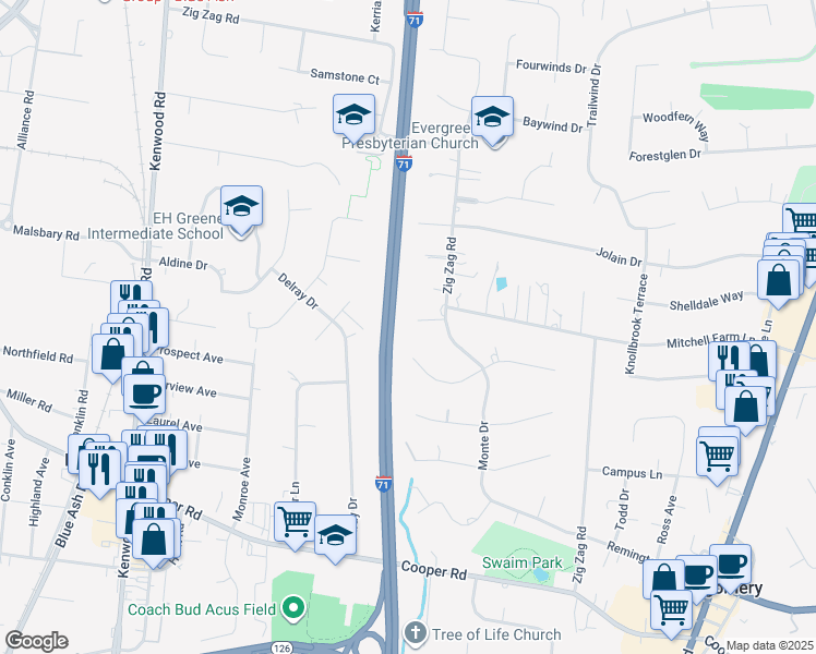 map of restaurants, bars, coffee shops, grocery stores, and more near 14043 Bobwhite Court in Cincinnati