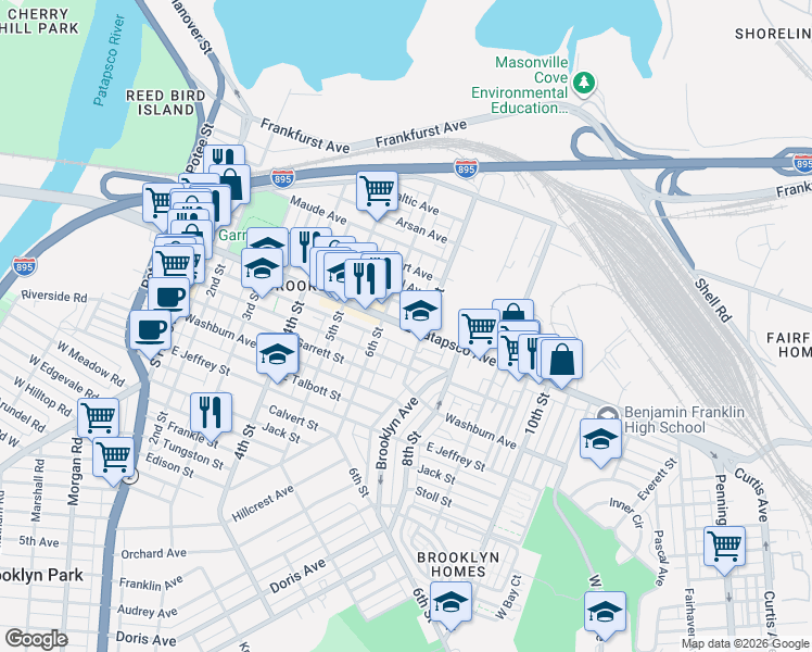 map of restaurants, bars, coffee shops, grocery stores, and more near 605 East Patapsco Avenue in Baltimore