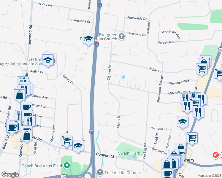 map of restaurants, bars, coffee shops, grocery stores, and more near 8815 Monte Drive in Cincinnati