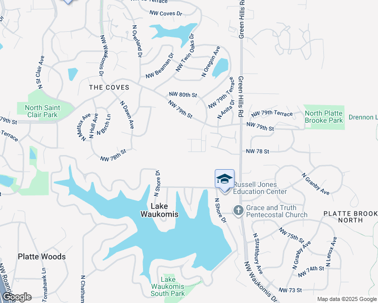 map of restaurants, bars, coffee shops, grocery stores, and more near 4803 Northwest 78 Street in Kansas City