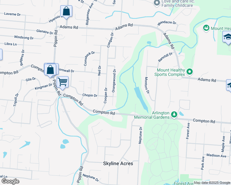 map of restaurants, bars, coffee shops, grocery stores, and more near 2409 Chopin Drive in Cincinnati