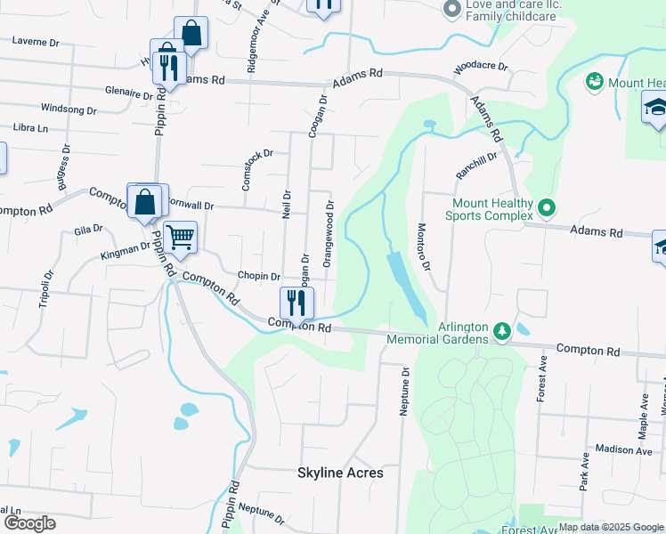 map of restaurants, bars, coffee shops, grocery stores, and more near 2409 Chopin Drive in Cincinnati