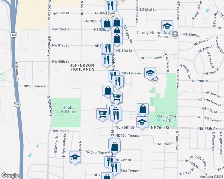 map of restaurants, bars, coffee shops, grocery stores, and more near 7744 North Oak Trafficway in Kansas City