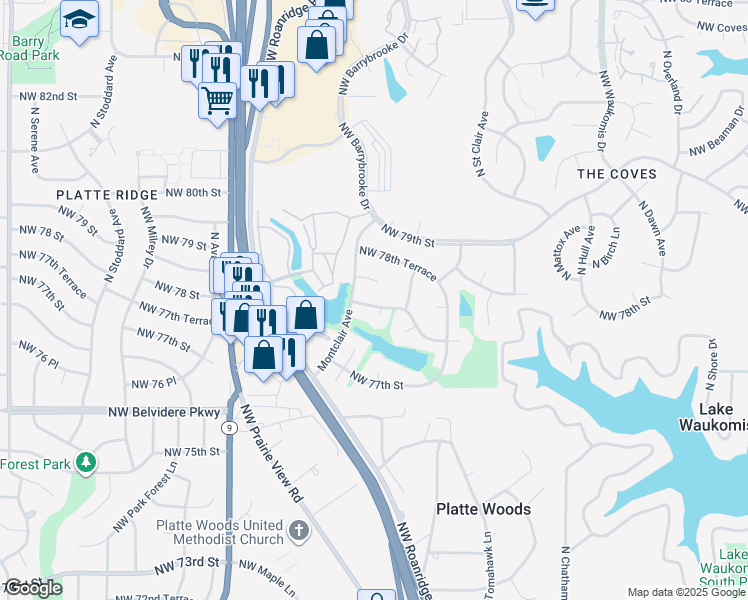 map of restaurants, bars, coffee shops, grocery stores, and more near 6313 Northwest 78th Street in Kansas City