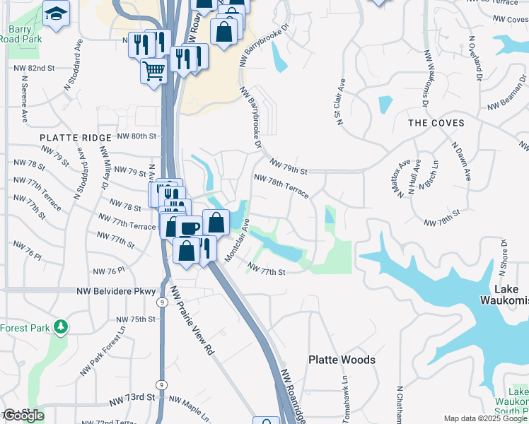 map of restaurants, bars, coffee shops, grocery stores, and more near 6313 Northwest 78th Street in Kansas City