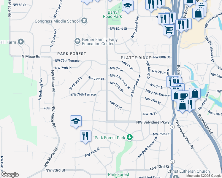 map of restaurants, bars, coffee shops, grocery stores, and more near 7530 Northwest 76th Terrace in Kansas City