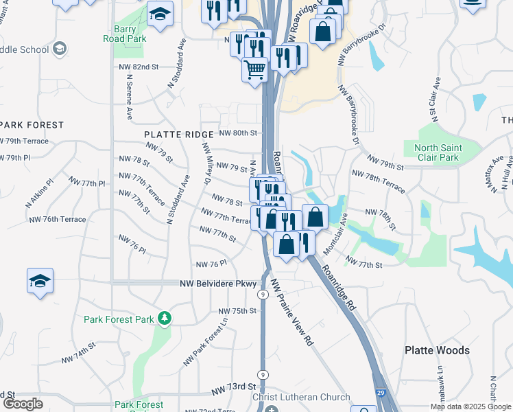 map of restaurants, bars, coffee shops, grocery stores, and more near 7723 North Avalon Street in Kansas City