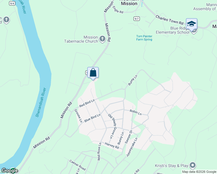 map of restaurants, bars, coffee shops, grocery stores, and more near 49 Red Bird Court in Harpers Ferry