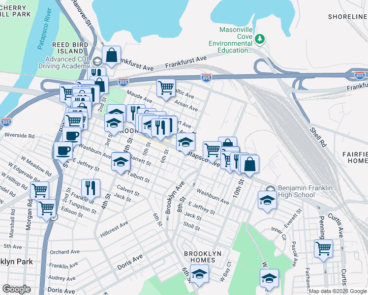 map of restaurants, bars, coffee shops, grocery stores, and more near 640 East Patapsco Avenue in Baltimore