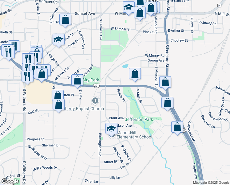 map of restaurants, bars, coffee shops, grocery stores, and more near 304 Manor Lane in Liberty