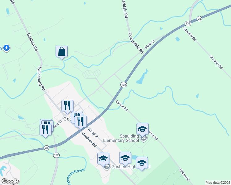 map of restaurants, bars, coffee shops, grocery stores, and more near 1945 Ohio 28 in Goshen